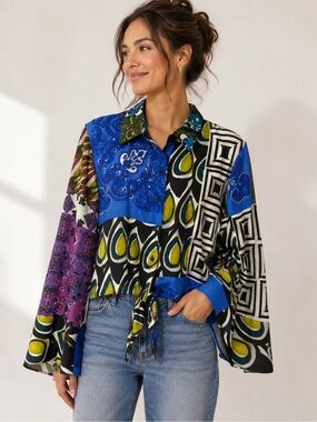 Zara Patchwork Tie-Front Shirt Women Size S Blue Multi